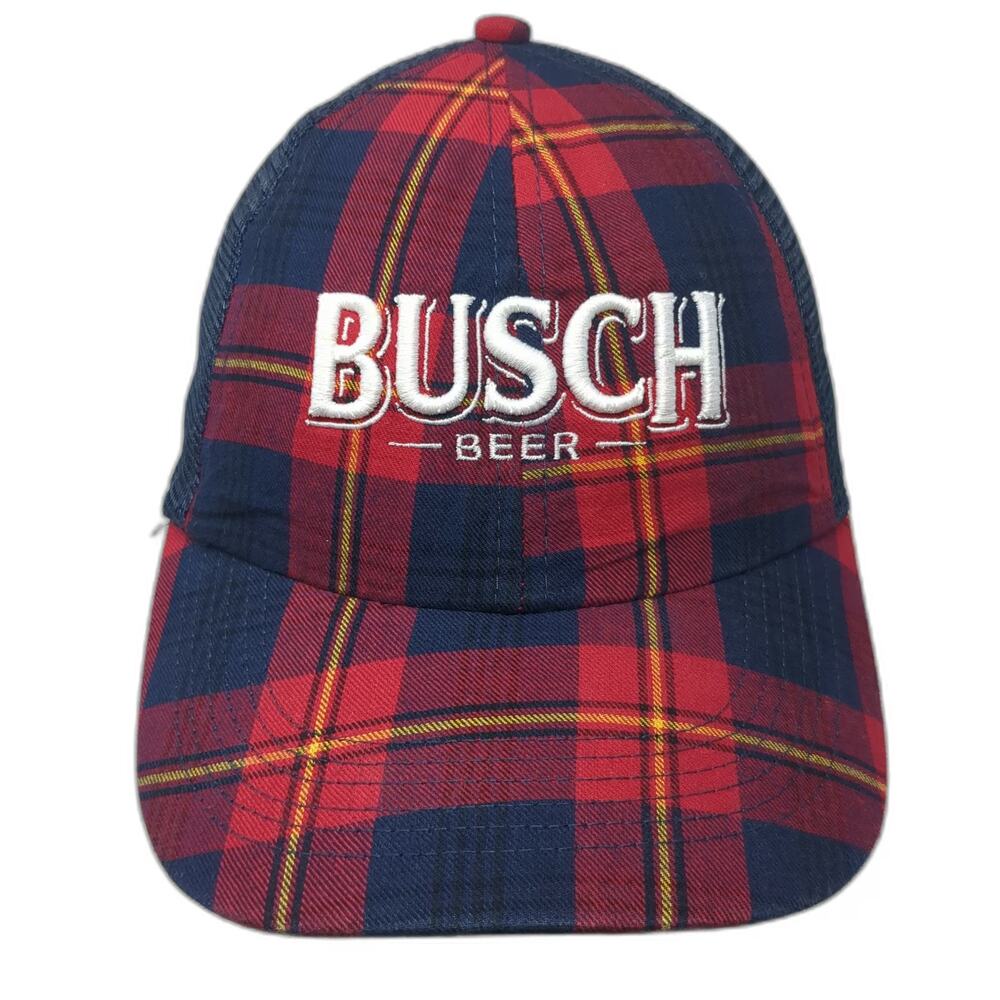 Adams Busch Beer Trucker Hat Blue Red Yellow White One Size Plaid Mesh Snapback